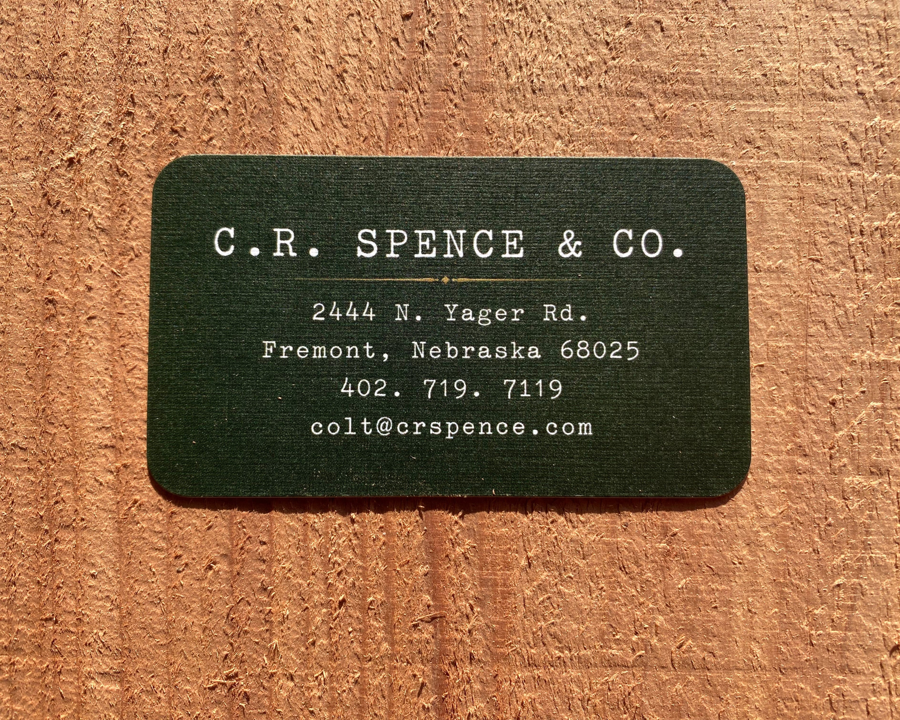 Porsche Green C.R. SPENCE & CO. Business Card on Eastern Red Cedar Lumber Fremont Nebraska Sawmill & Lumber Mulch Fence Post Firewood Yard 